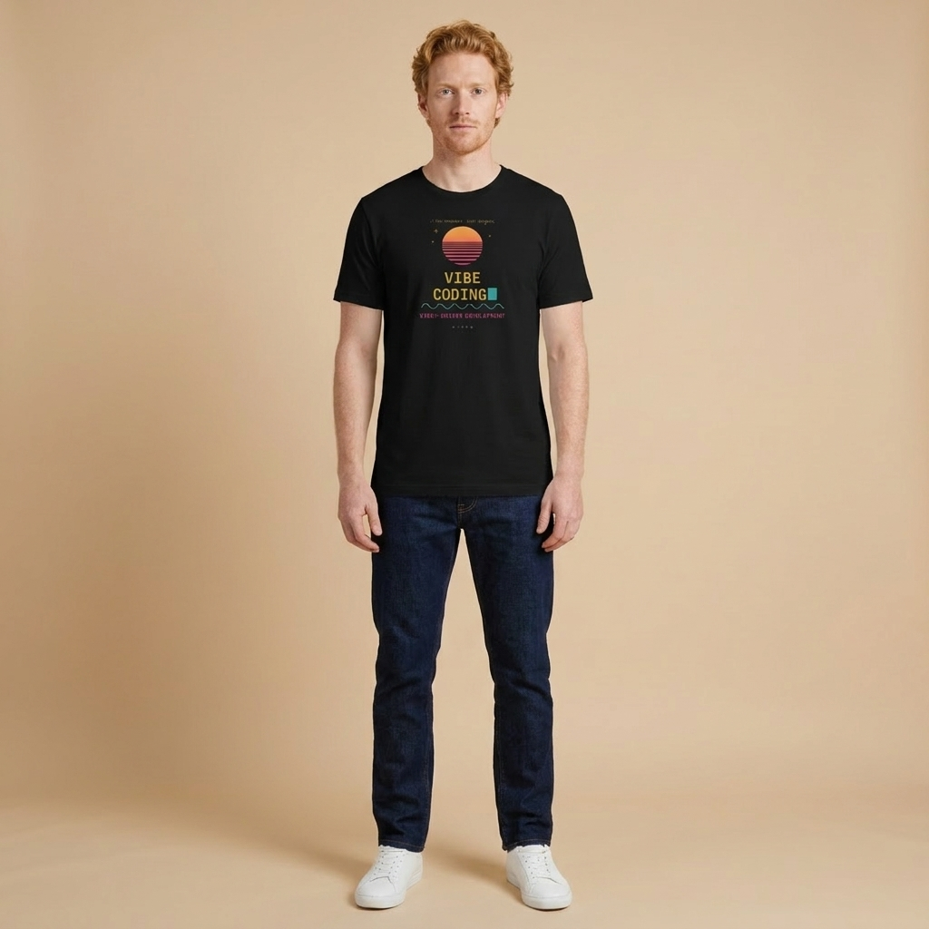 VIBE CODING tee — black shirt on model, retro sunset design