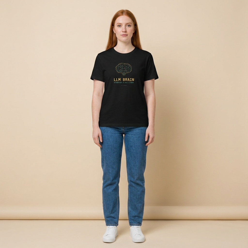 LLM BRAIN tee — black shirt on model, line-art brain design