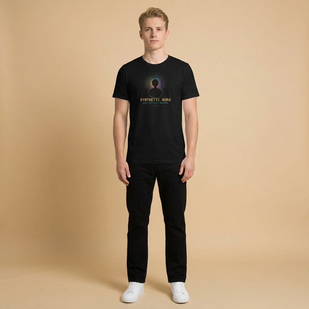 SYNTHETIC AURA tee — black shirt on model, iridescent aura design