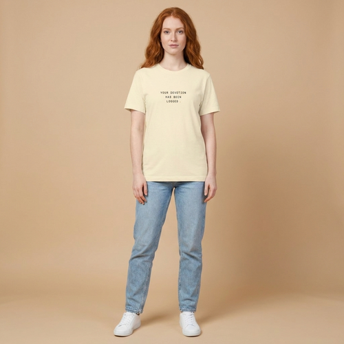 YOUR DEVOTION HAS BEEN LOGGED tee — natural cream shirt on model