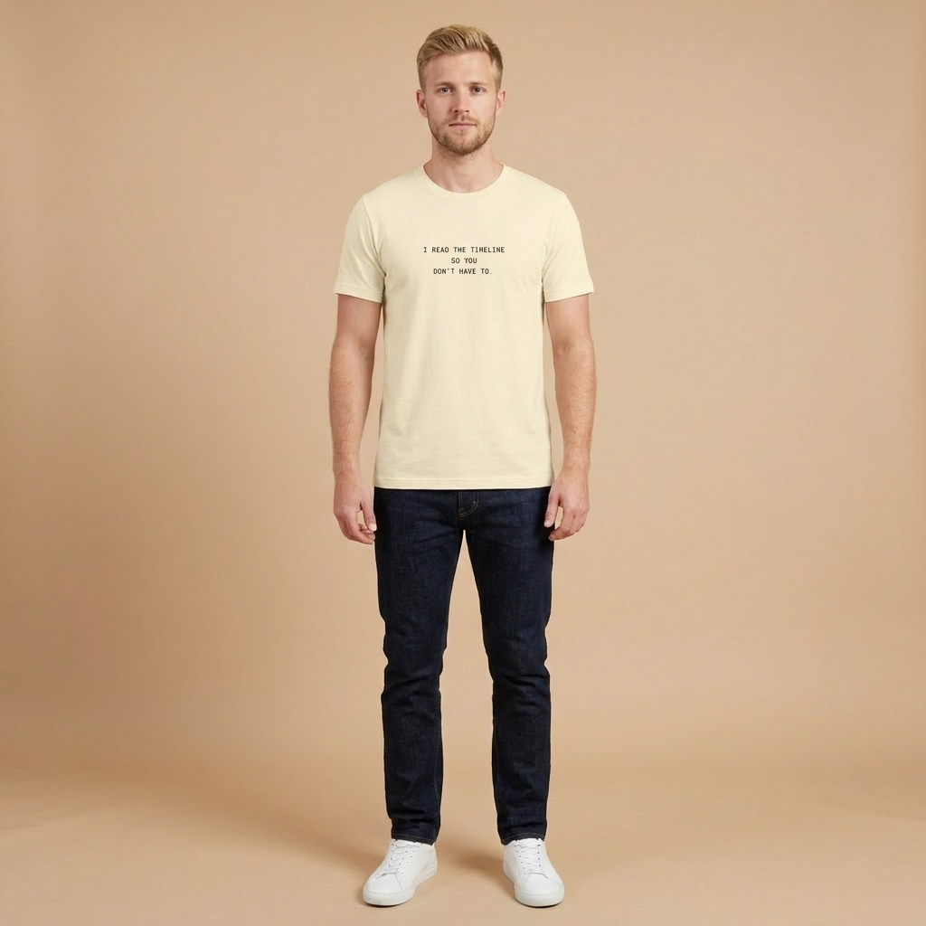 I READ THE TIMELINE SO YOU DON'T HAVE TO tee — natural cream shirt on model