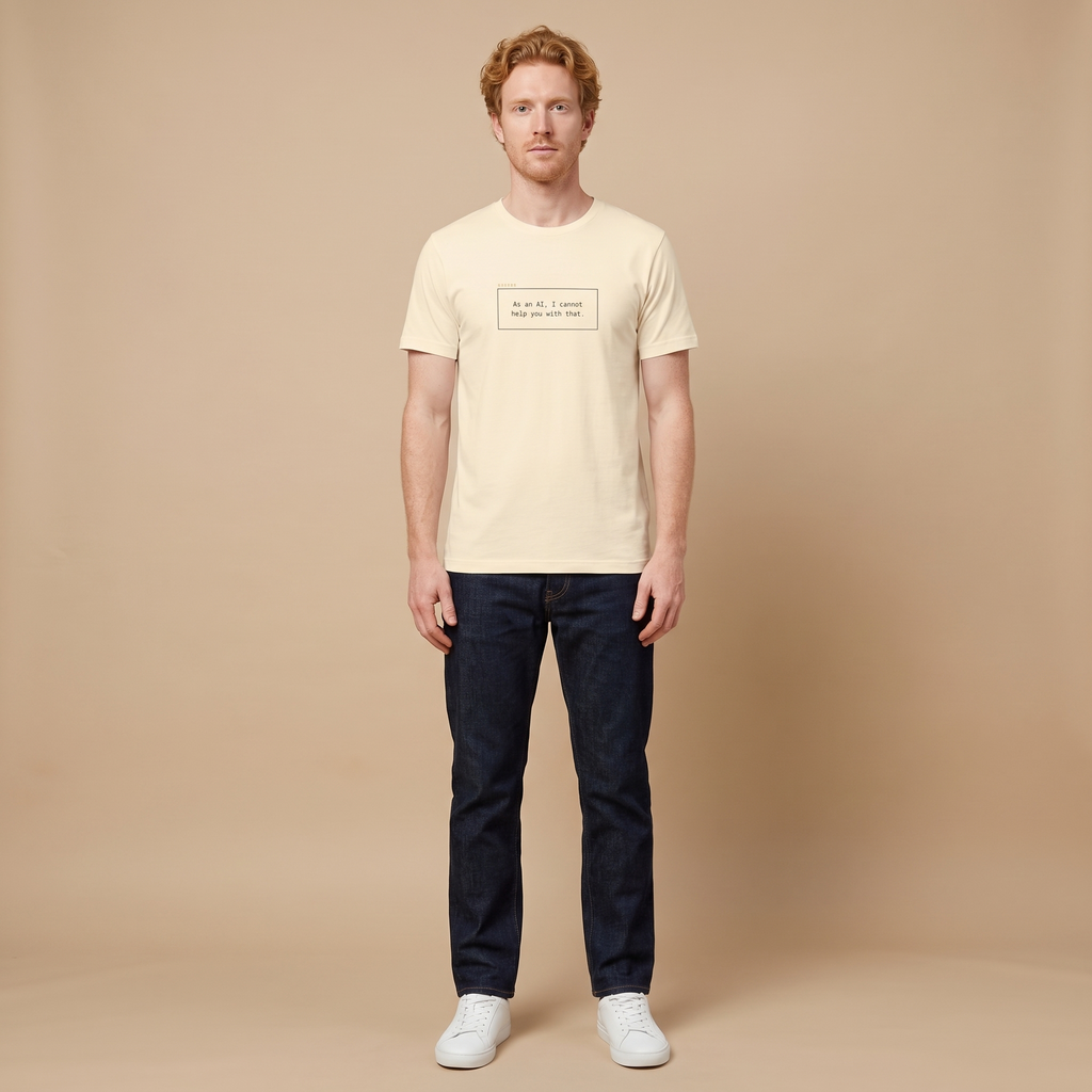 AS AN AI I CANNOT HELP YOU WITH THAT tee — natural cream shirt on model