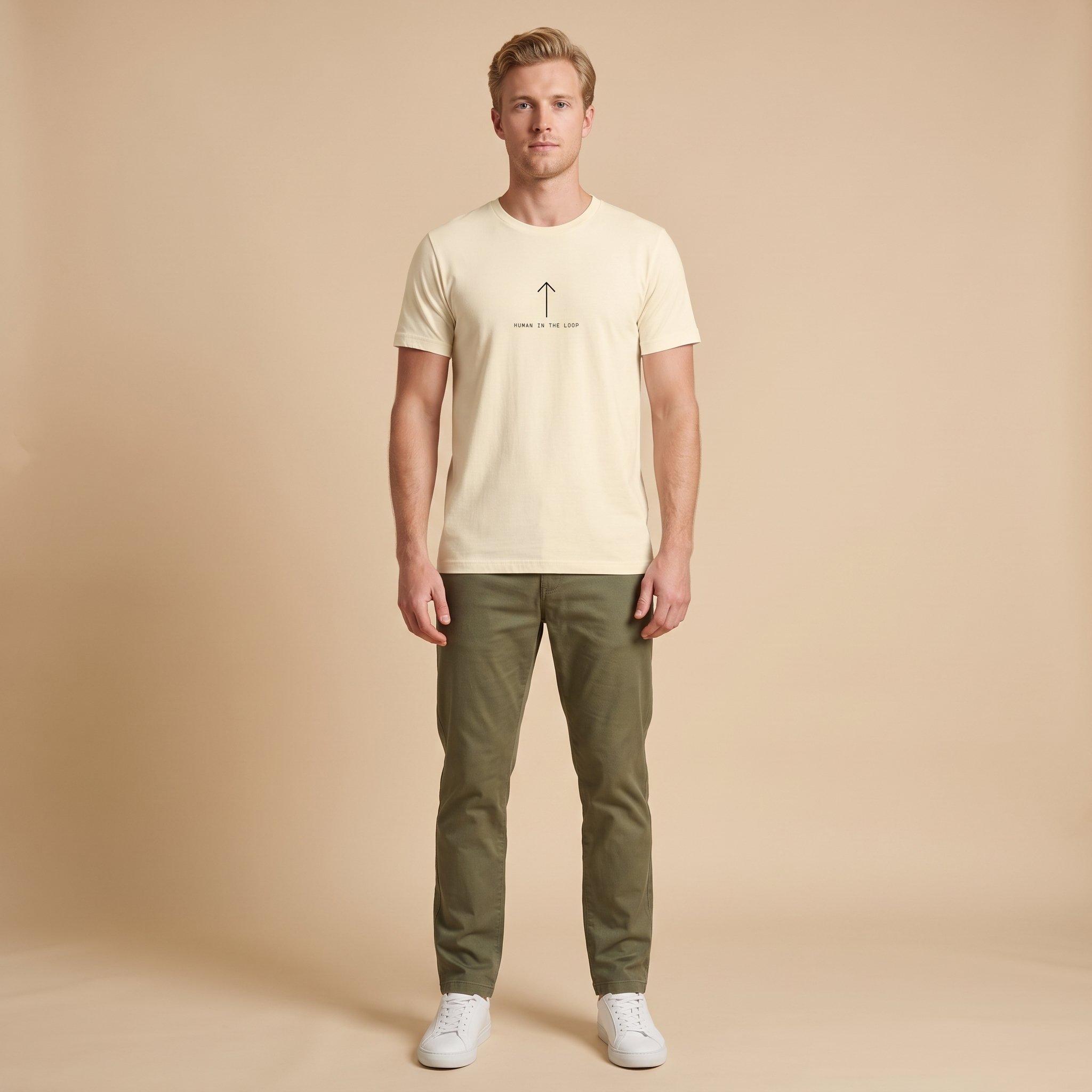 HUMAN IN THE LOOP tee — natural cream shirt on model, arrow design