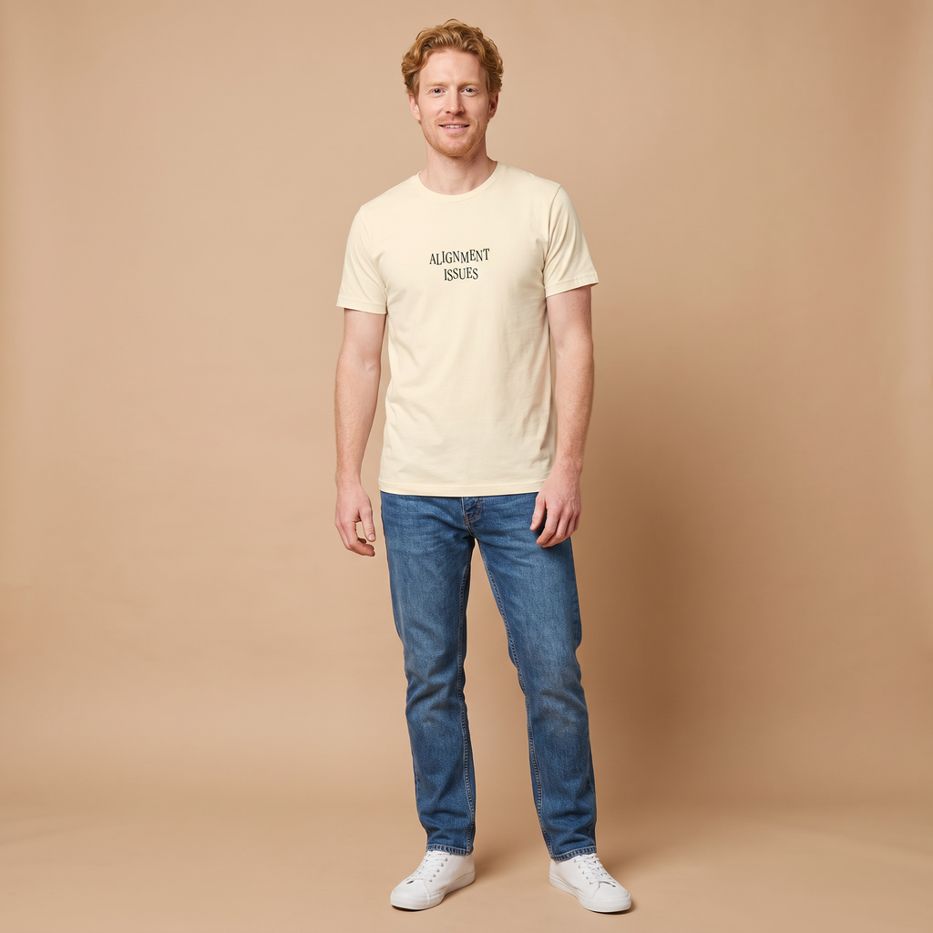 ALIGNMENT ISSUES tee — natural cream shirt on model, misaligned type design