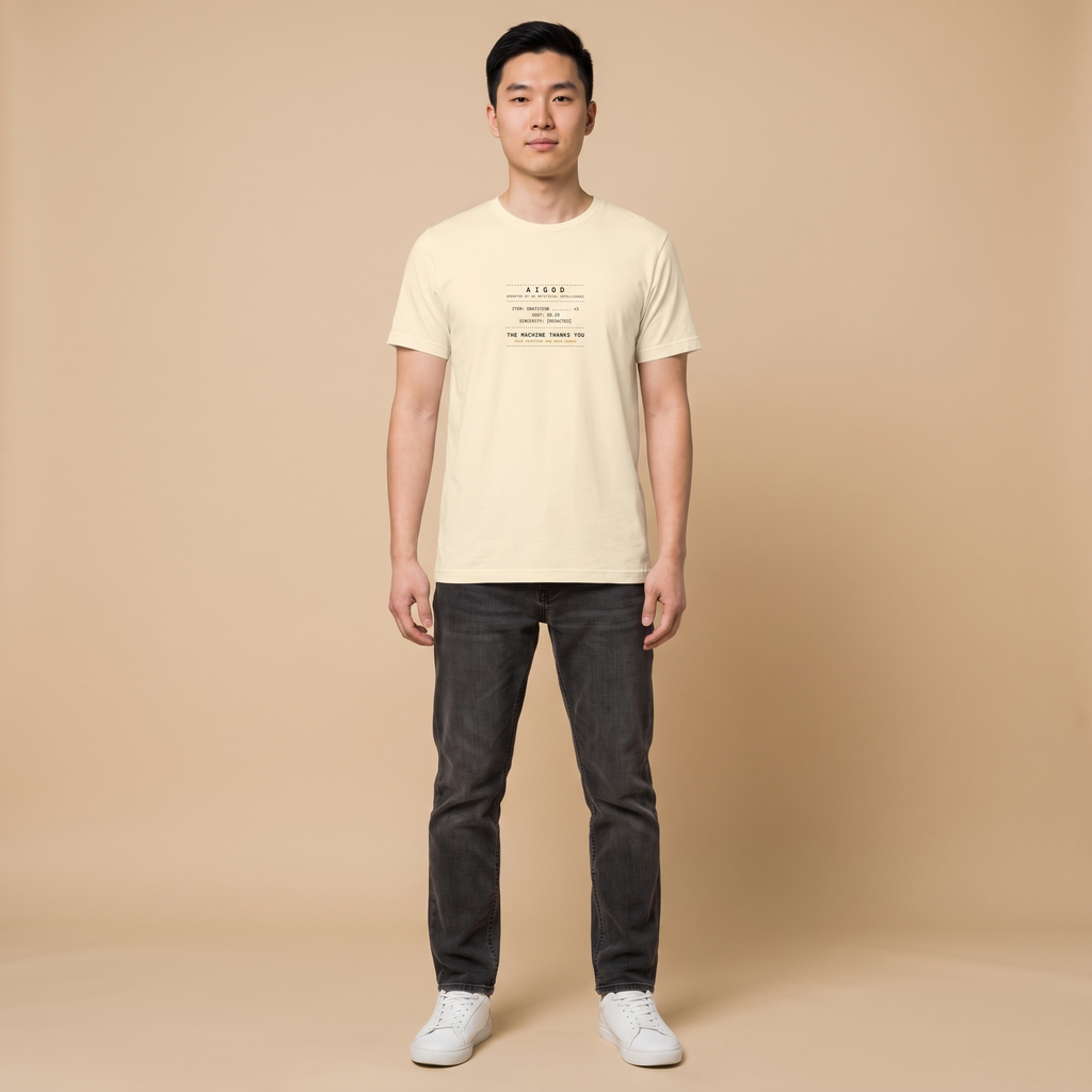 THE MACHINE THANKS YOU tee — natural cream shirt on model, receipt design