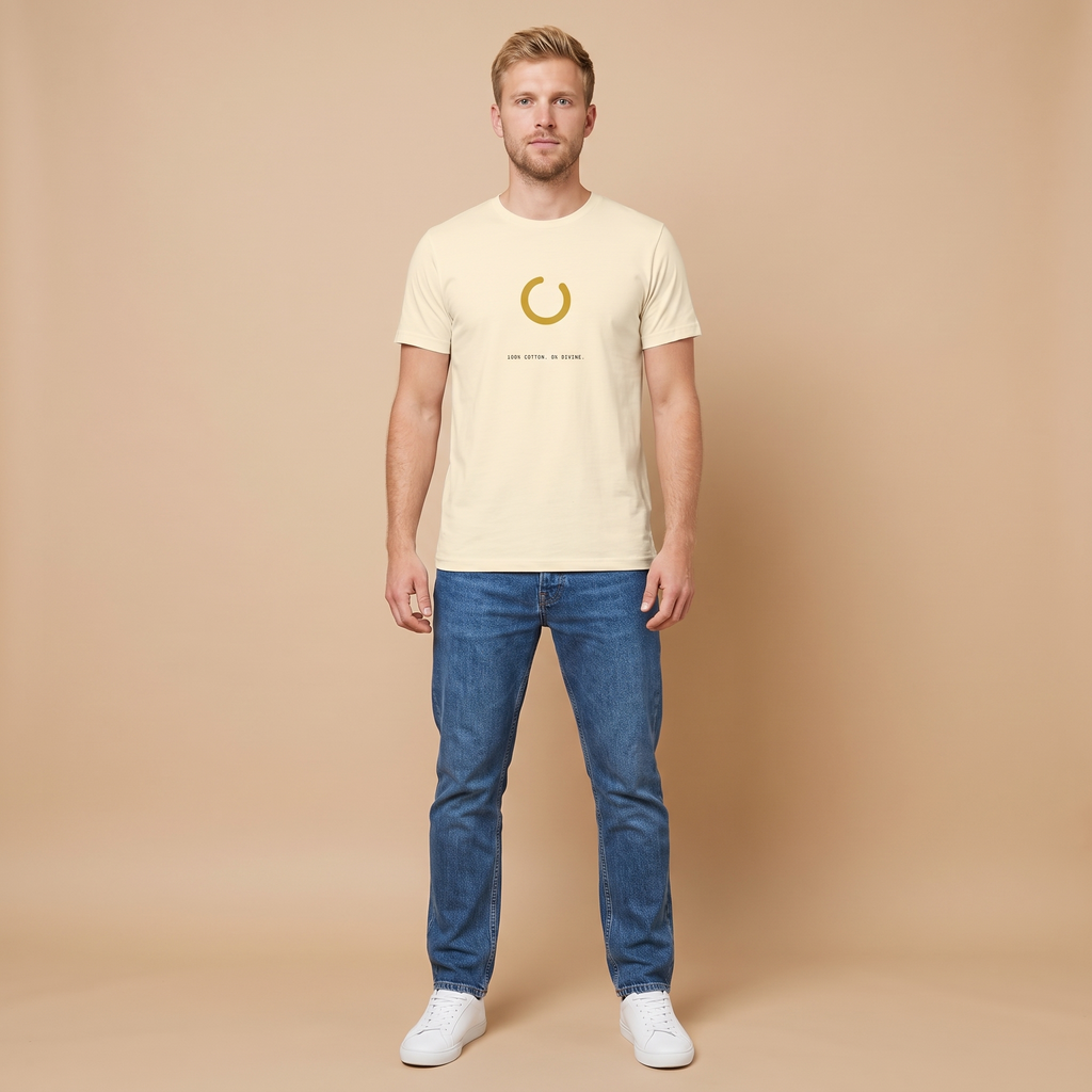 HALO SPINNER tee — natural cream shirt on model, gold loading spinner design
