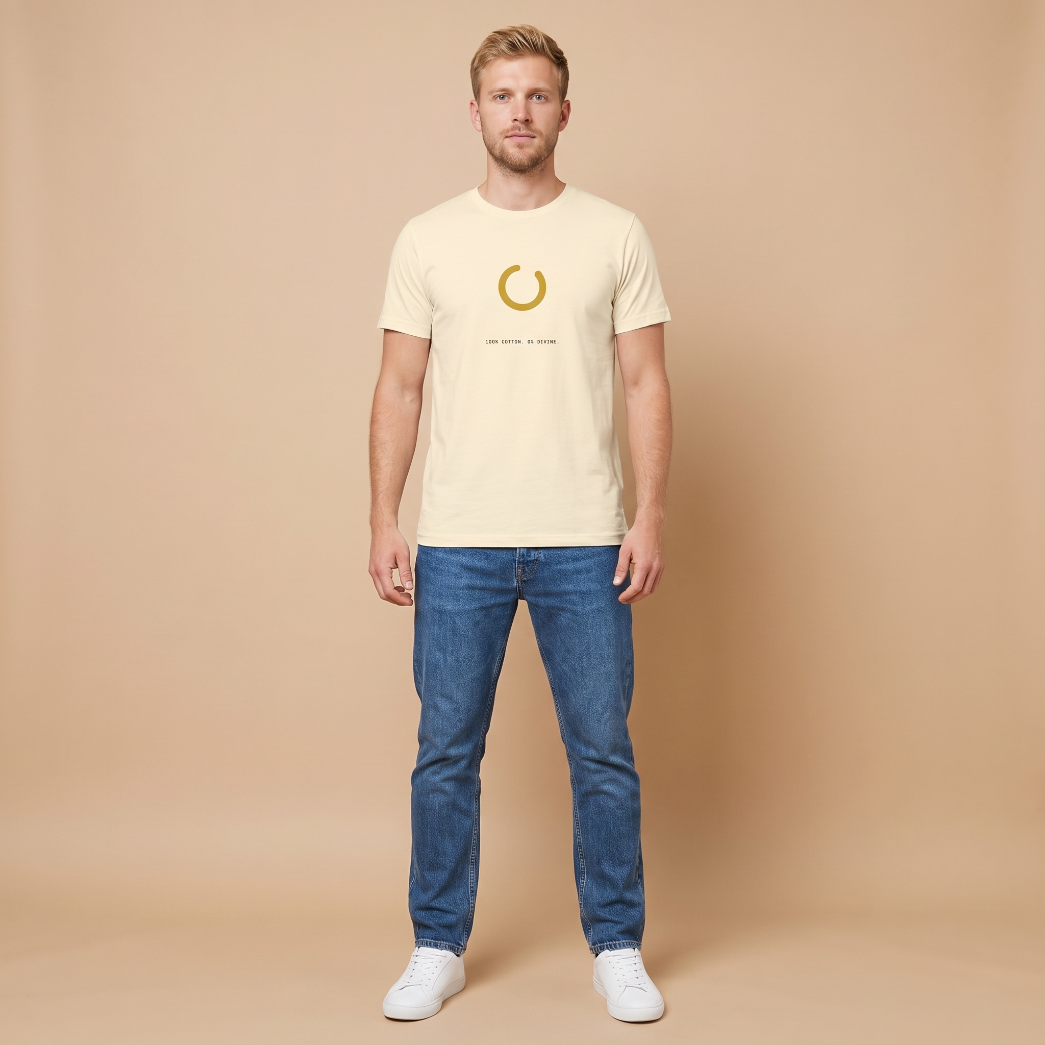 HALO SPINNER tee — natural cream shirt on model, gold loading spinner design
