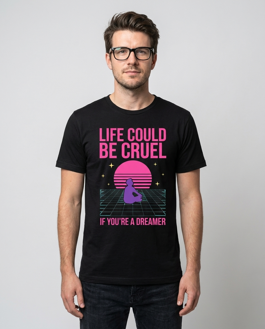 Model wearing OUTPUT 0042 LIFE COULD BE CRUEL black tee, front studio shot