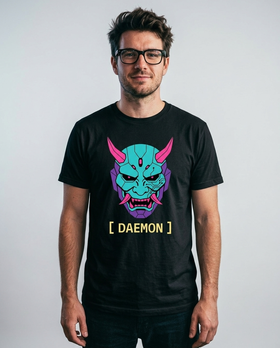 Model wearing OUTPUT 0039 DAEMON black tee, front studio shot