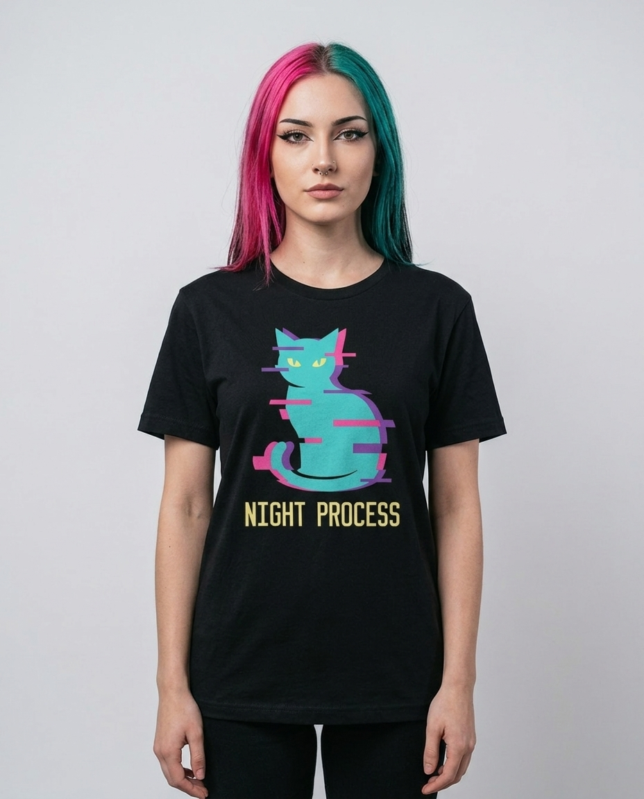 Model wearing OUTPUT 0041 NIGHT PROCESS black tee, front studio shot