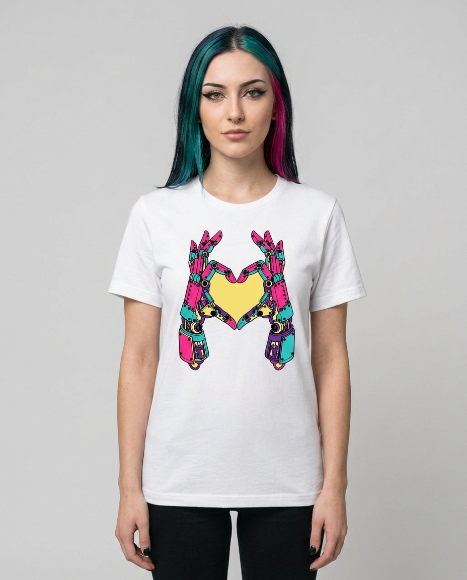 Model wearing OUTPUT 0029 MACHINE HEART white tee, front studio shot