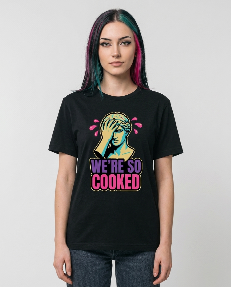 Model wearing OUTPUT 0028 WE'RE SO COOKED black tee, front studio shot