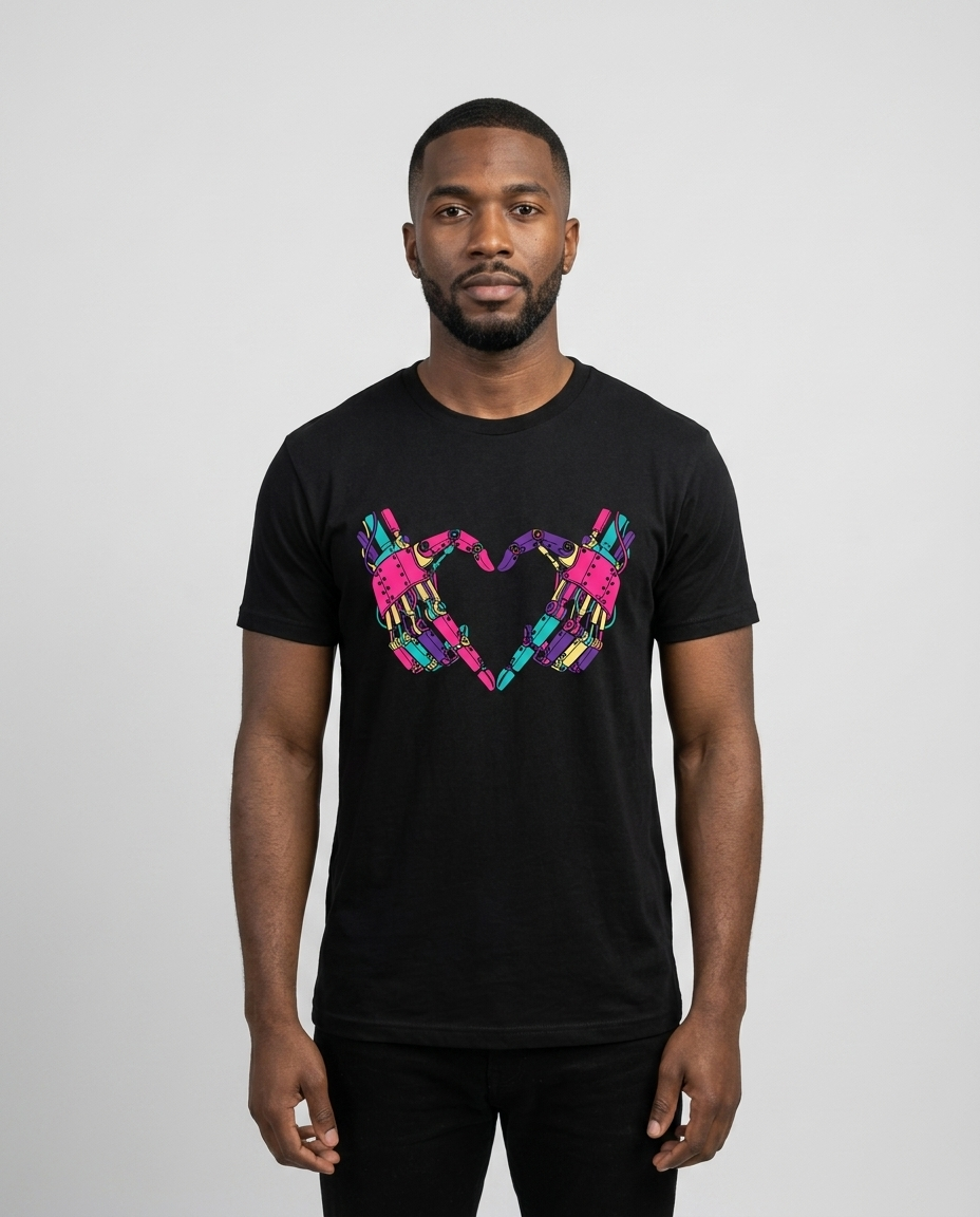 Model wearing OUTPUT 0031 HEART.EXE black tee, front studio shot