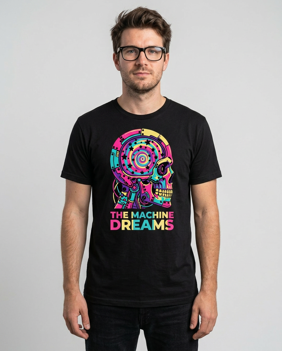 Model wearing OUTPUT 0032 THE MACHINE DREAMS black tee, front studio shot