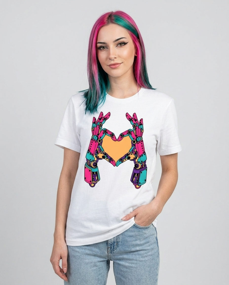 Model wearing OUTPUT 0029 MACHINE HEART white tee, three-quarter studio shot