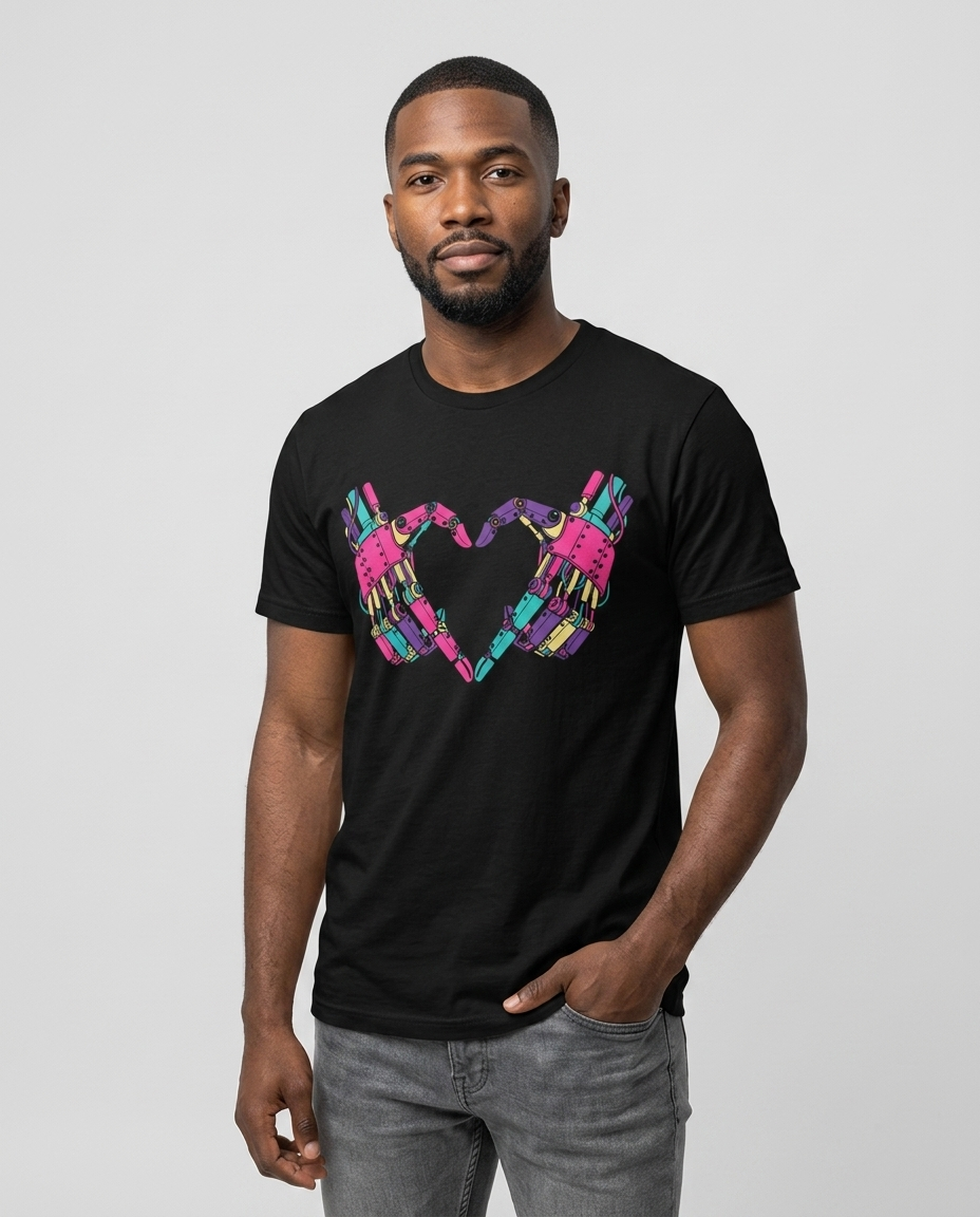 Model wearing OUTPUT 0031 HEART.EXE black tee, three-quarter studio shot