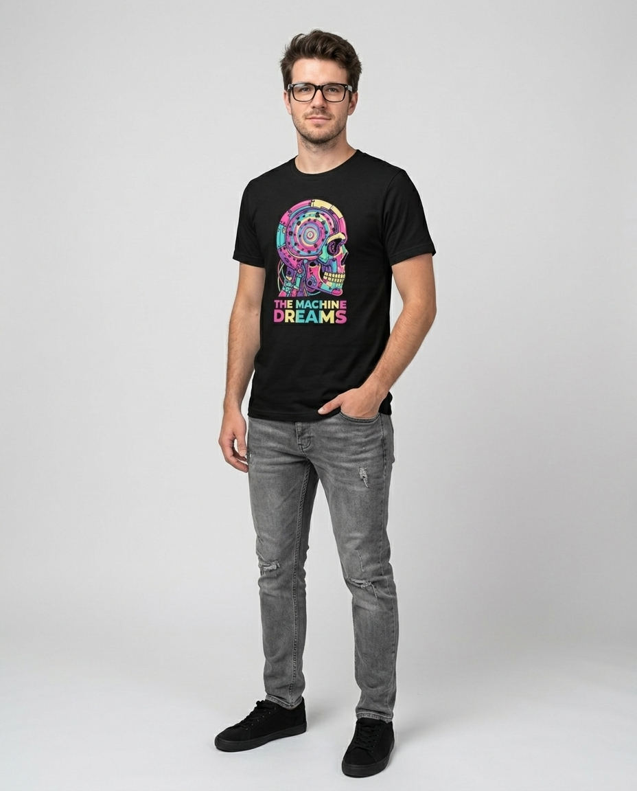 Model wearing OUTPUT 0032 THE MACHINE DREAMS black tee, three-quarter studio shot