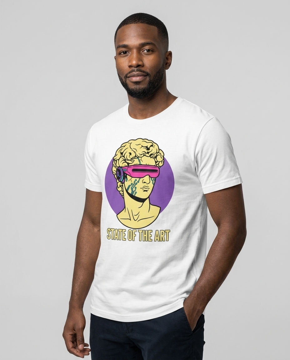 Model wearing OUTPUT 0034 STATE OF THE ART white tee, three-quarter studio shot