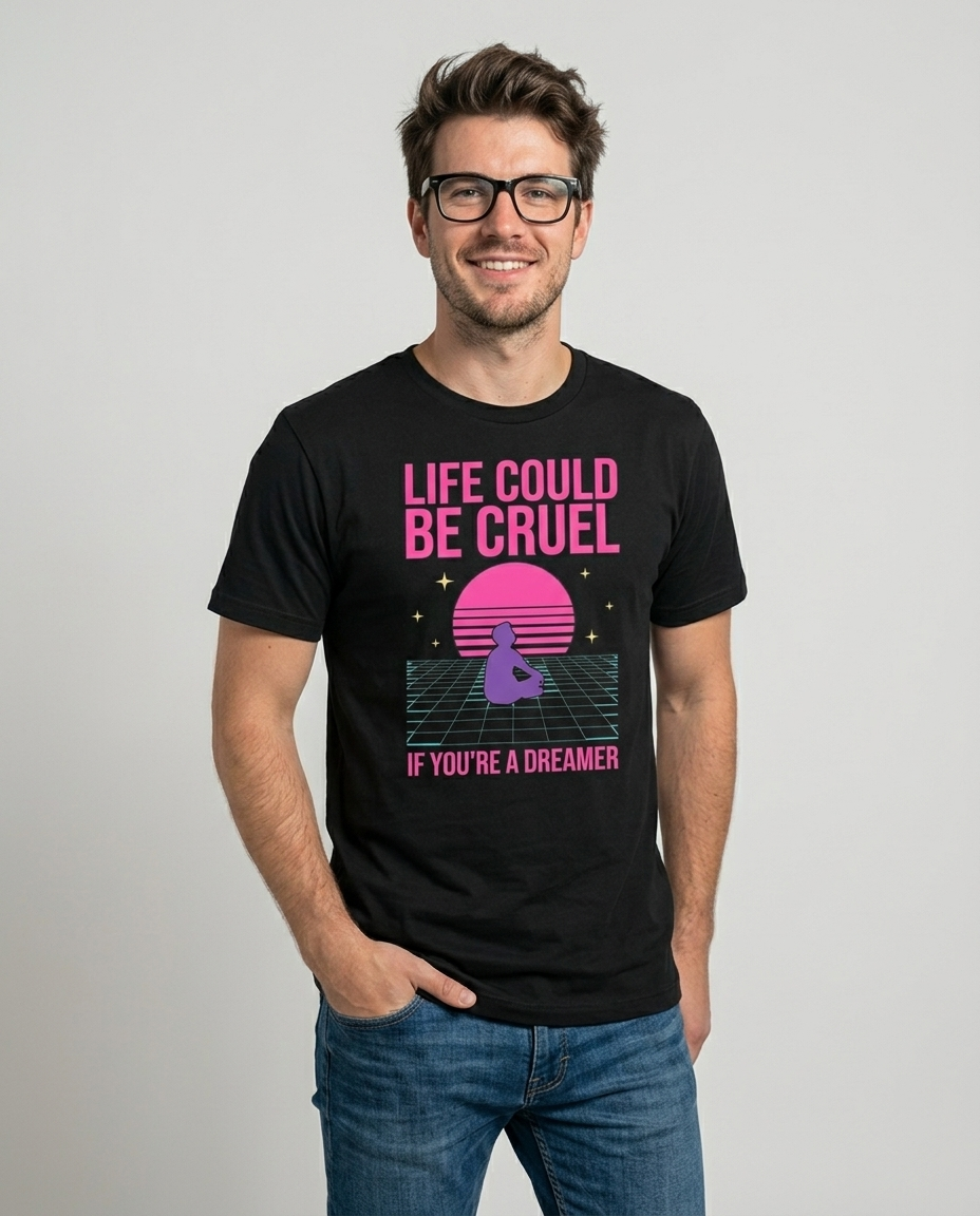 Model wearing OUTPUT 0042 LIFE COULD BE CRUEL black tee, three-quarter studio shot