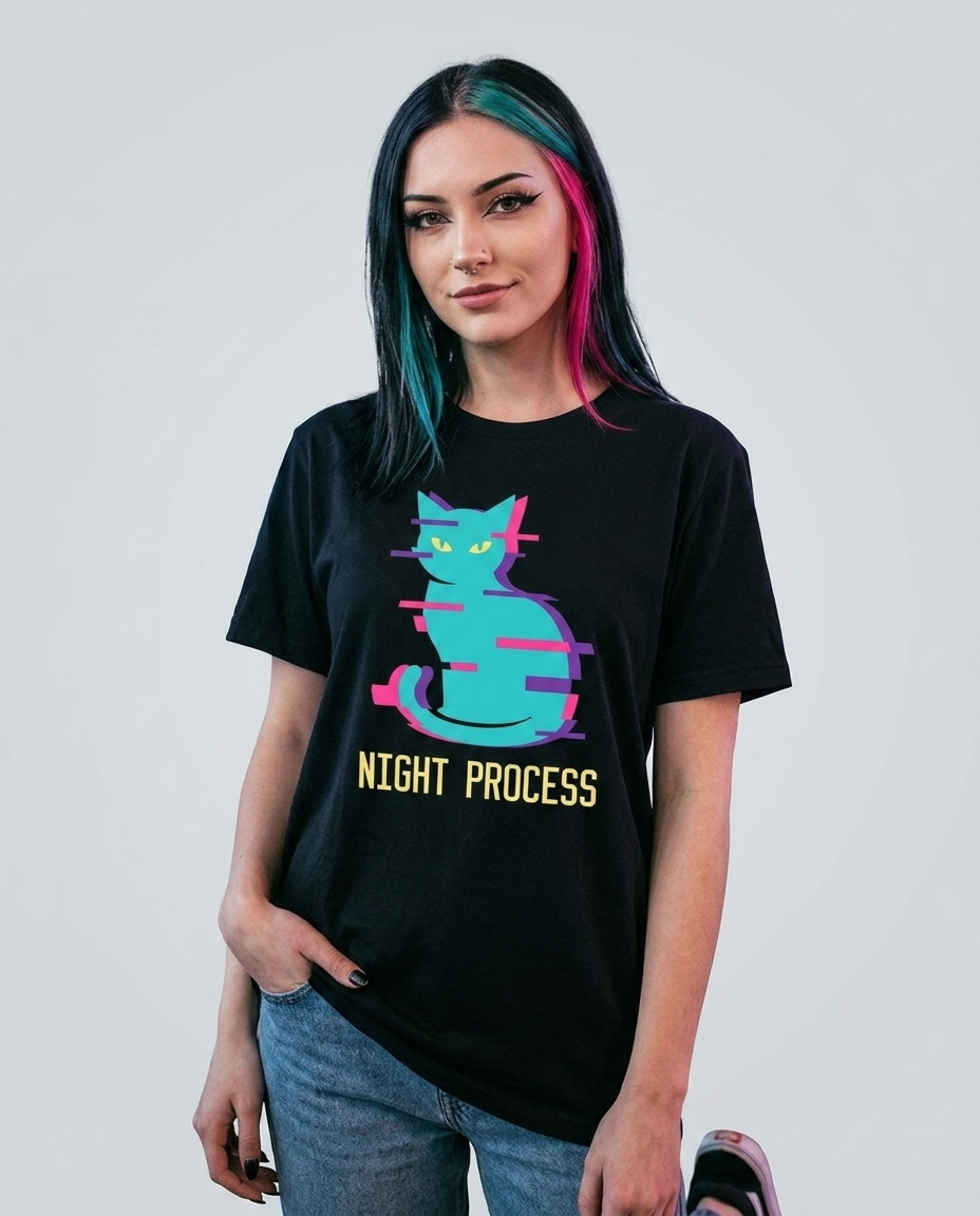 Model wearing OUTPUT 0041 NIGHT PROCESS black tee, three-quarter studio shot