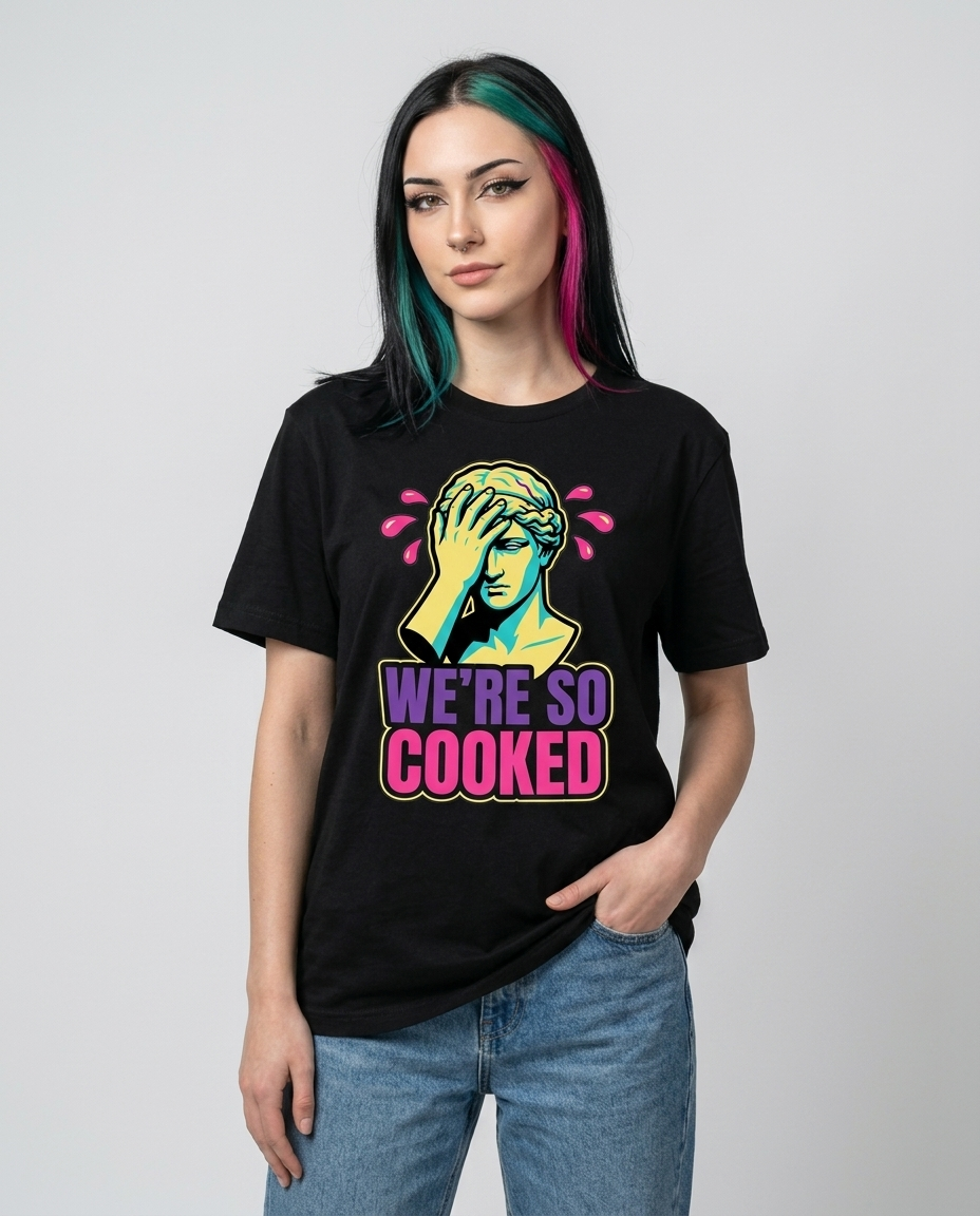 Model wearing OUTPUT 0028 WE'RE SO COOKED black tee, three-quarter studio shot