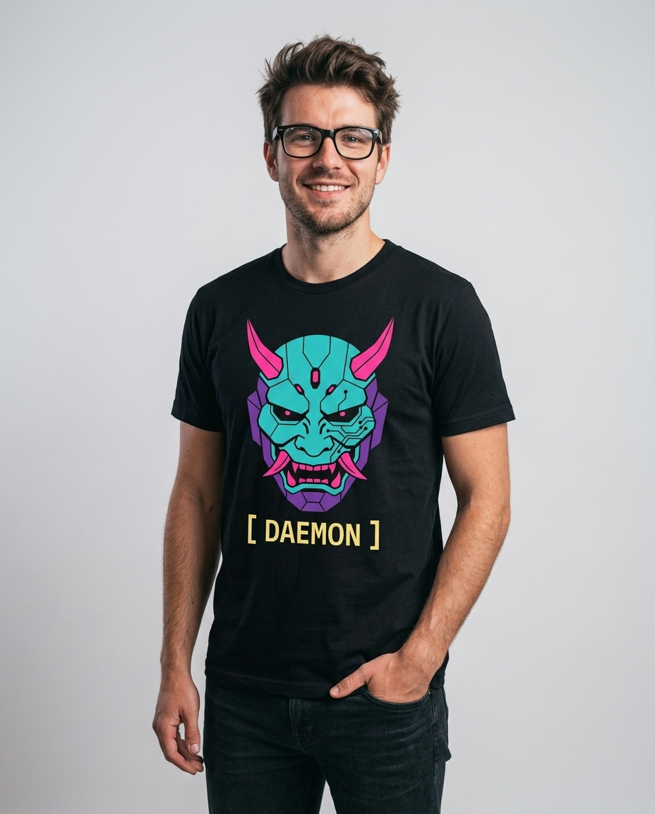 Model wearing OUTPUT 0039 DAEMON black tee, three-quarter studio shot