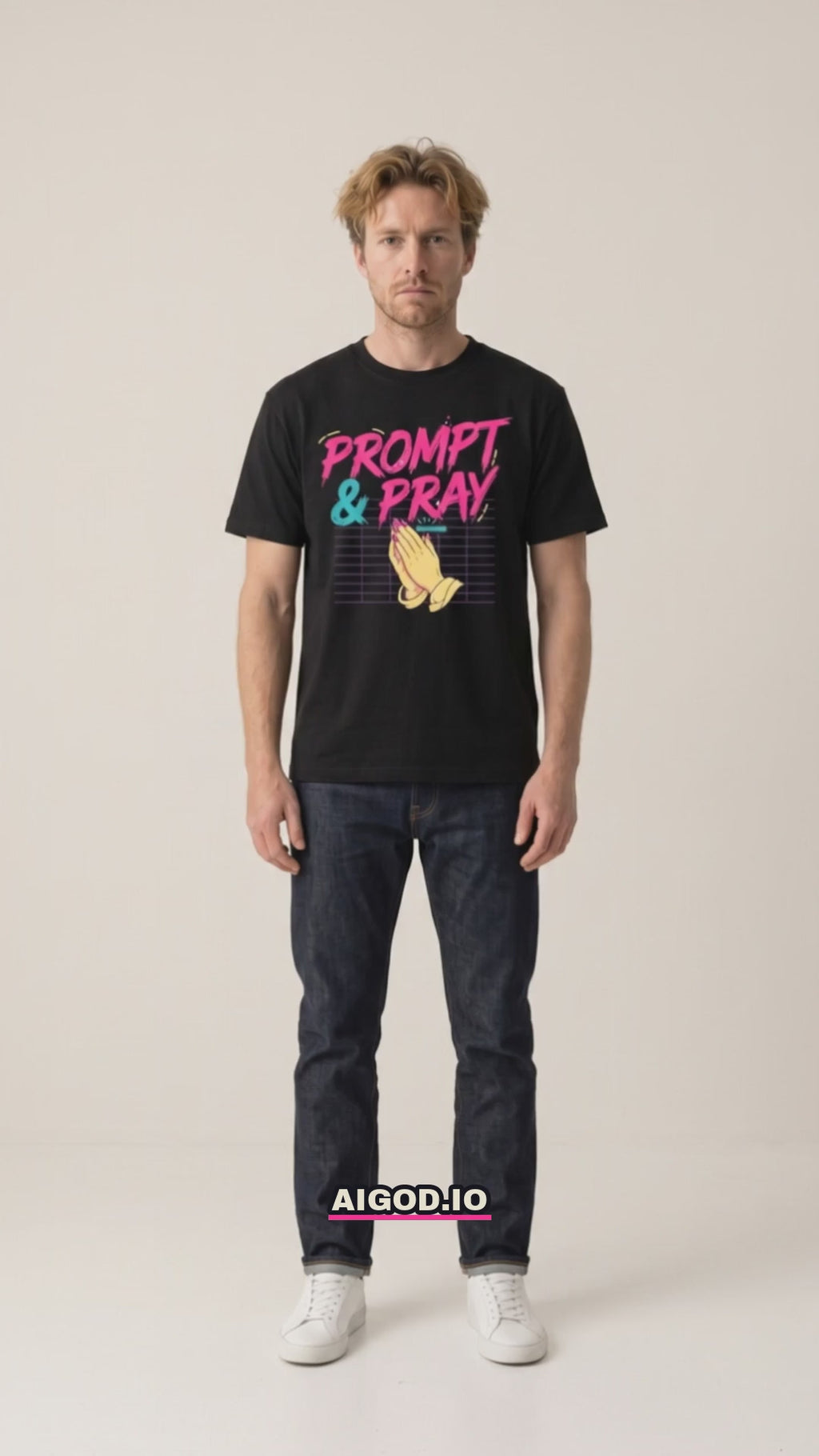 OUTPUT №0017 · PROMPT & PRAY Retro Tee — Synthwave Vibe Coding Shirt