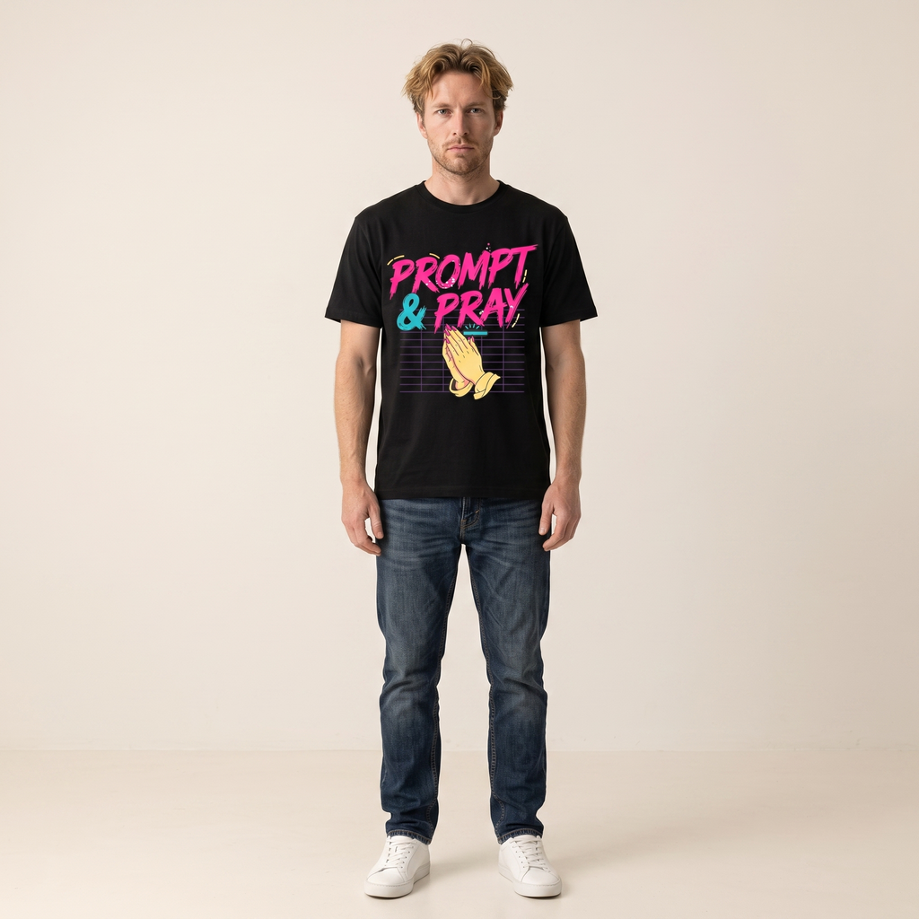 OUTPUT №0017 · PROMPT & PRAY Retro Tee — Synthwave Vibe Coding Shirt