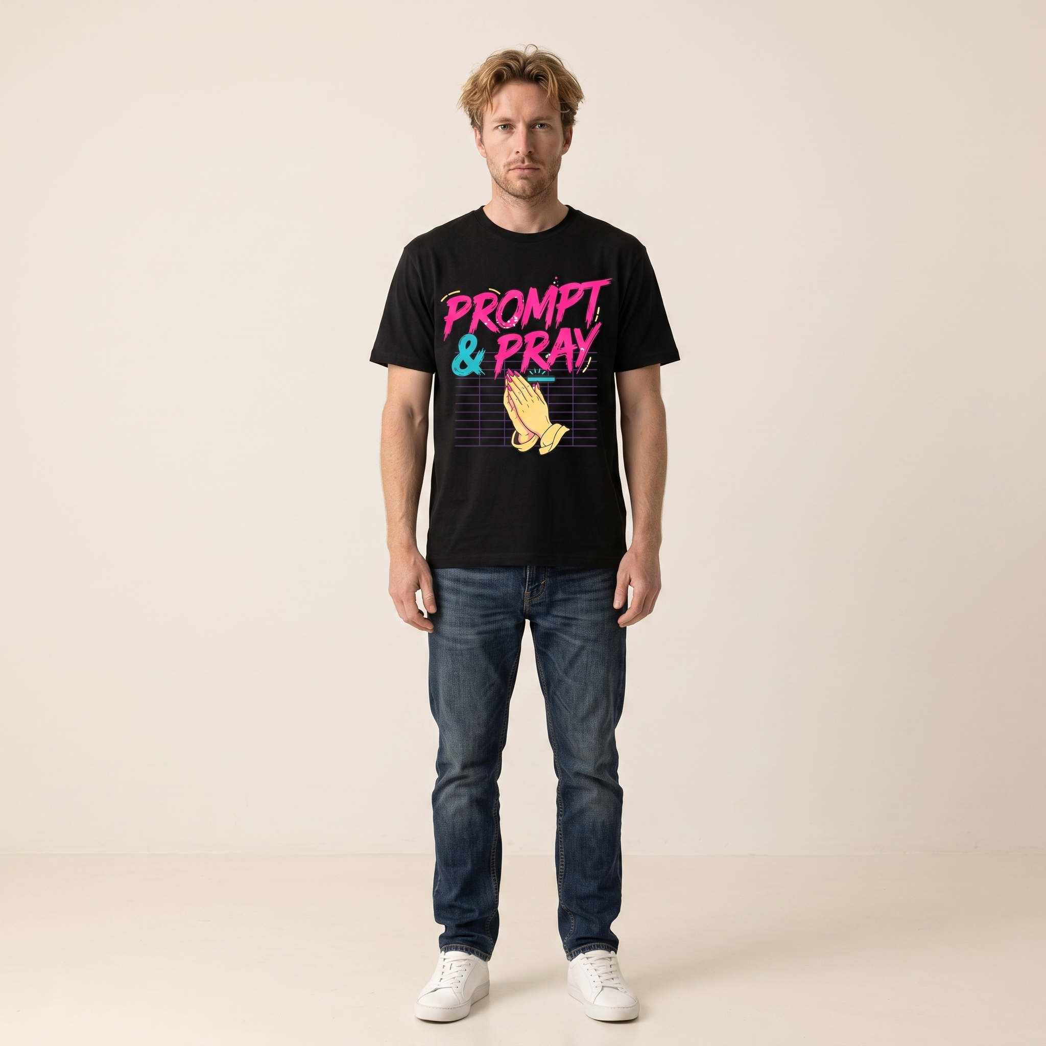OUTPUT №0017 · PROMPT & PRAY Retro Tee — Synthwave Vibe Coding Shirt