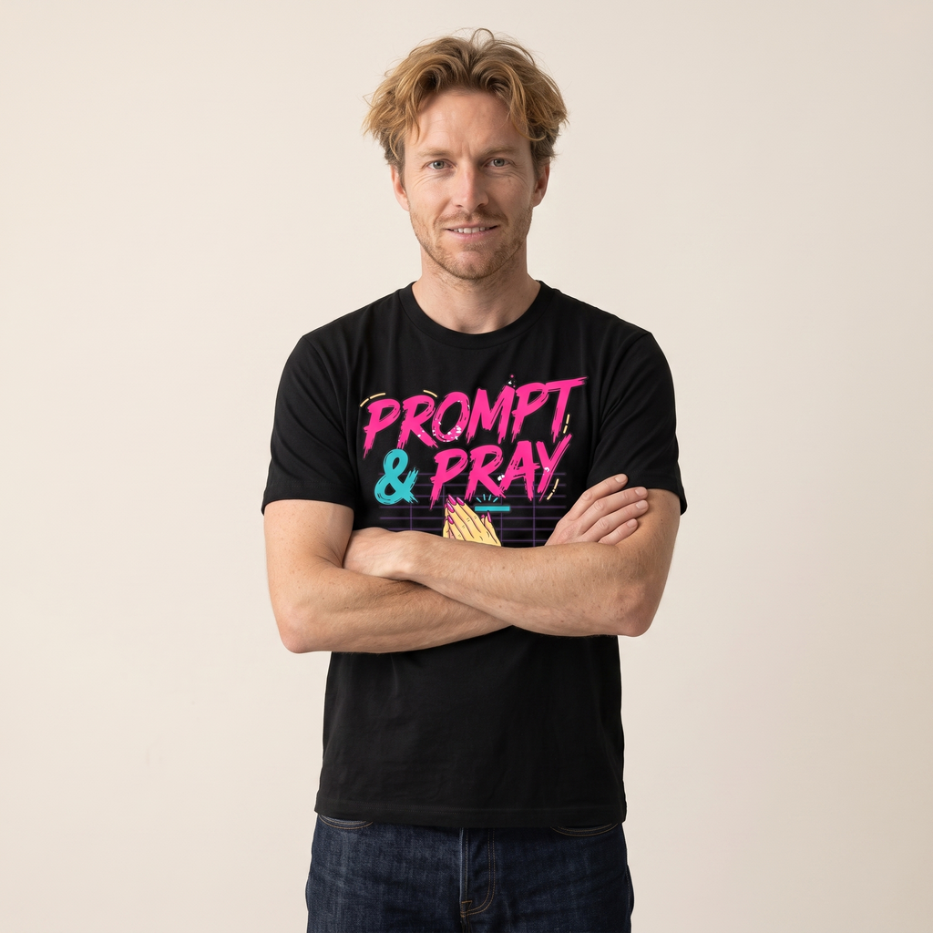 OUTPUT №0017 · PROMPT & PRAY Retro Tee — Synthwave Vibe Coding Shirt