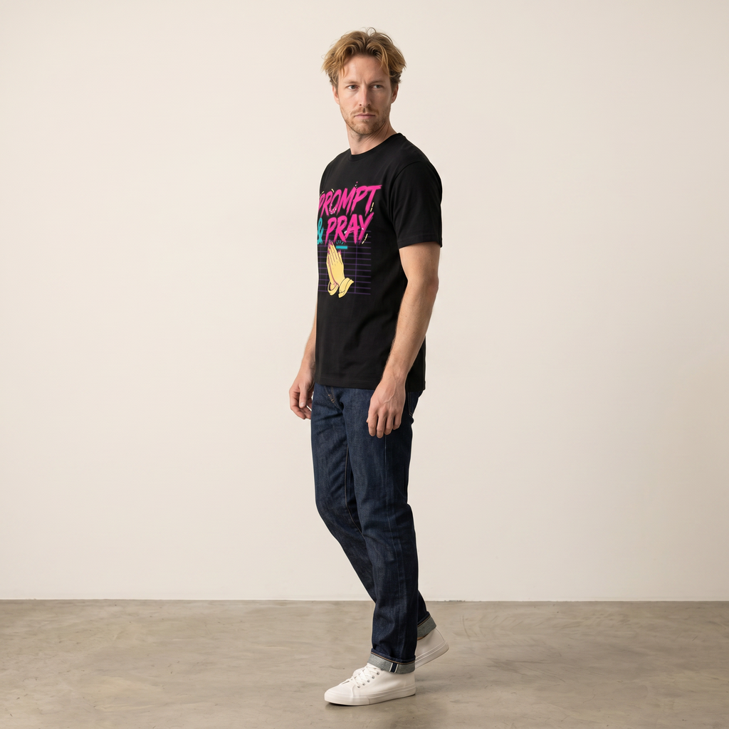 OUTPUT №0017 · PROMPT & PRAY Retro Tee — Synthwave Vibe Coding Shirt