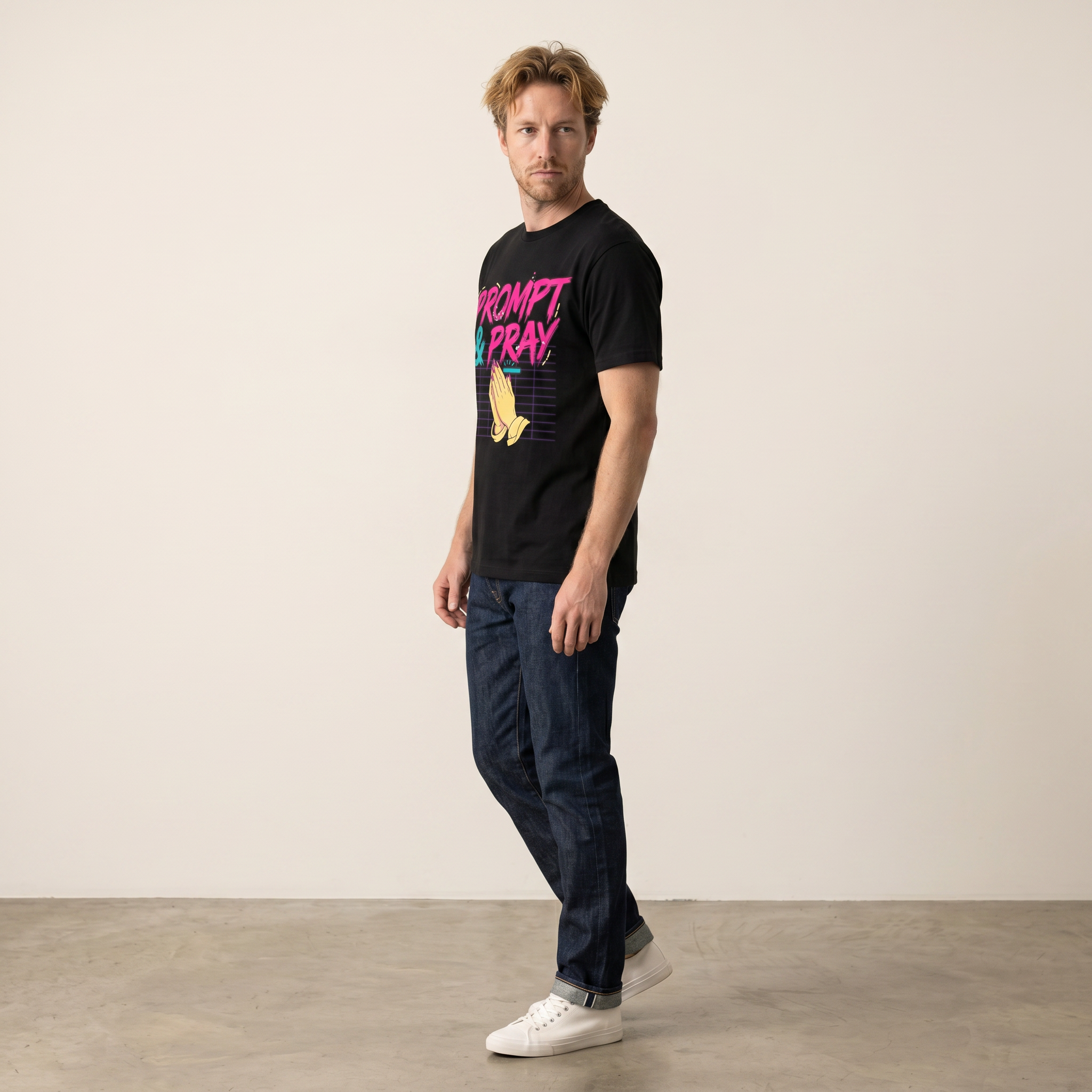OUTPUT №0017 · PROMPT & PRAY Retro Tee — Synthwave Vibe Coding Shirt