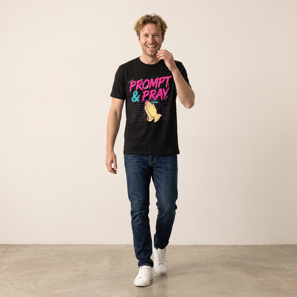 OUTPUT №0017 · PROMPT & PRAY Retro Tee — Synthwave Vibe Coding Shirt