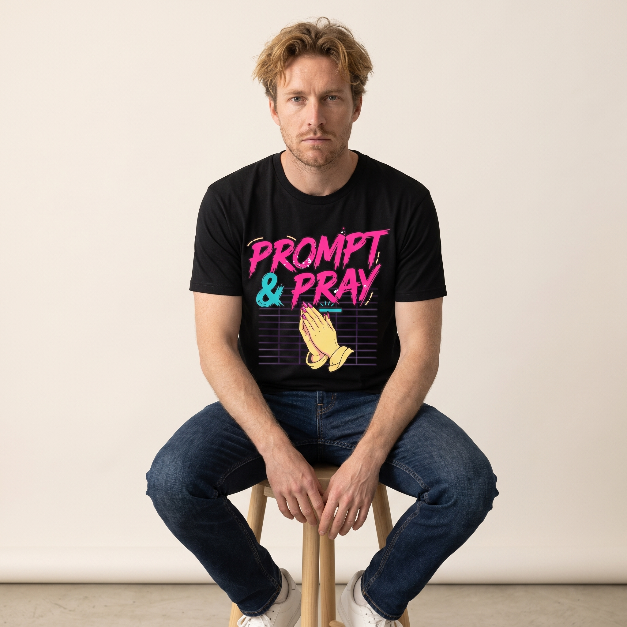 OUTPUT №0017 · PROMPT & PRAY Retro Tee — Synthwave Vibe Coding Shirt