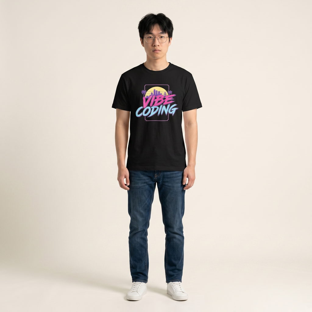 OUTPUT №0025 · VIBE CODING Sunset Tee — Synthwave Developer Shirt
