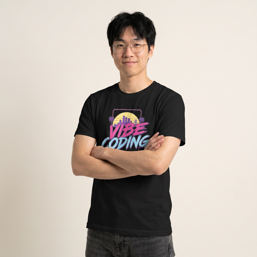 OUTPUT №0025 · VIBE CODING Sunset Tee — Synthwave Developer Shirt