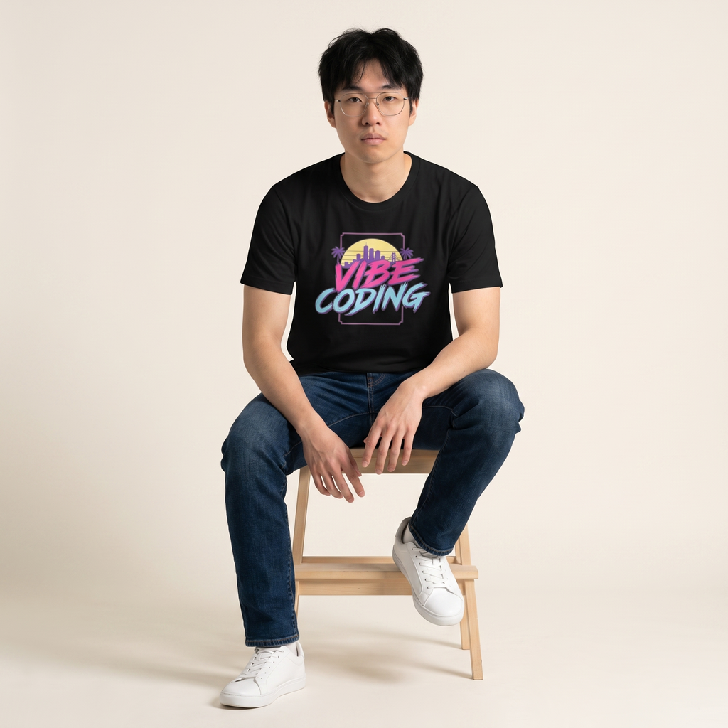 OUTPUT №0025 · VIBE CODING Sunset Tee — Synthwave Developer Shirt