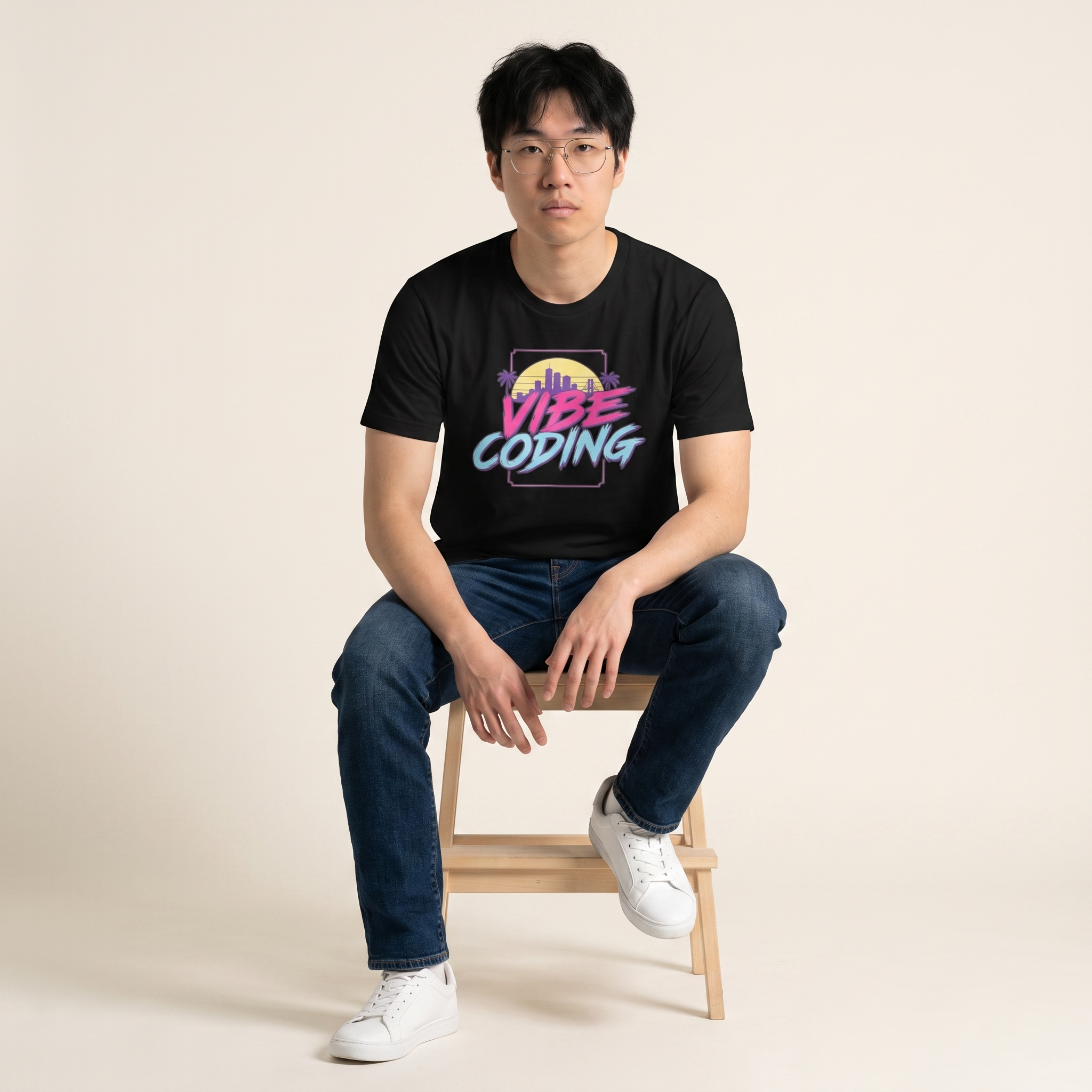 OUTPUT №0025 · VIBE CODING Sunset Tee — Synthwave Developer Shirt