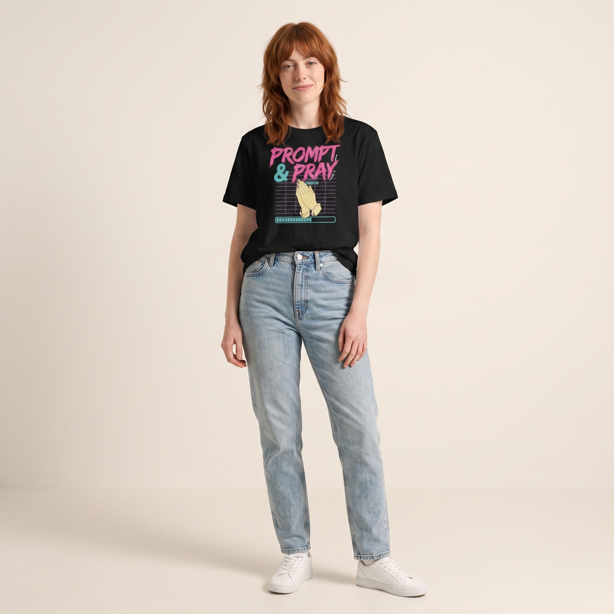 OUTPUT №0030 · PROMPT & PRAY Tee — Women's Synthwave Vibe Coding Shirt
